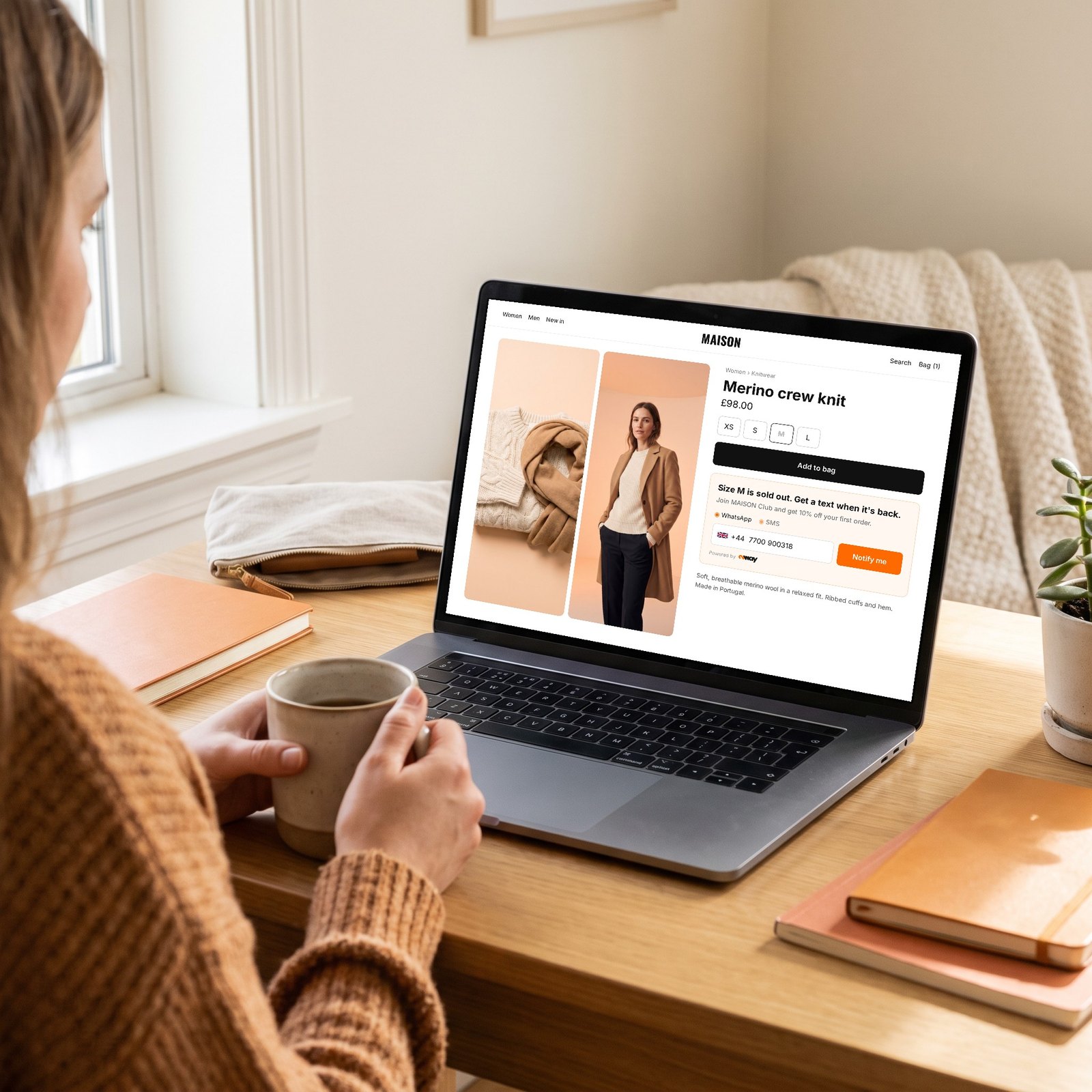 Product page with a back-in-stock form embedded under the Add to bag button