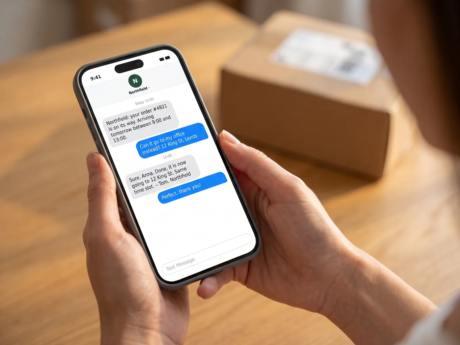 Customer replying to a shipping SMS and getting an answer from the support inbox