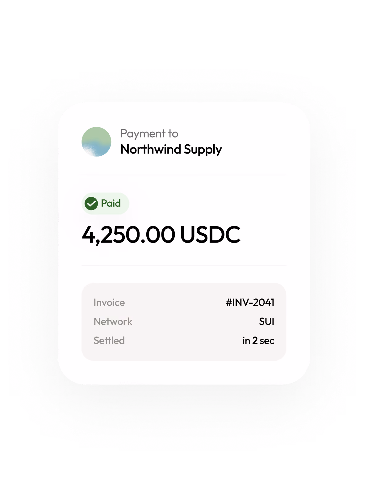 Pay: payment to Northwind Supply, 4,250.00 USDC paid