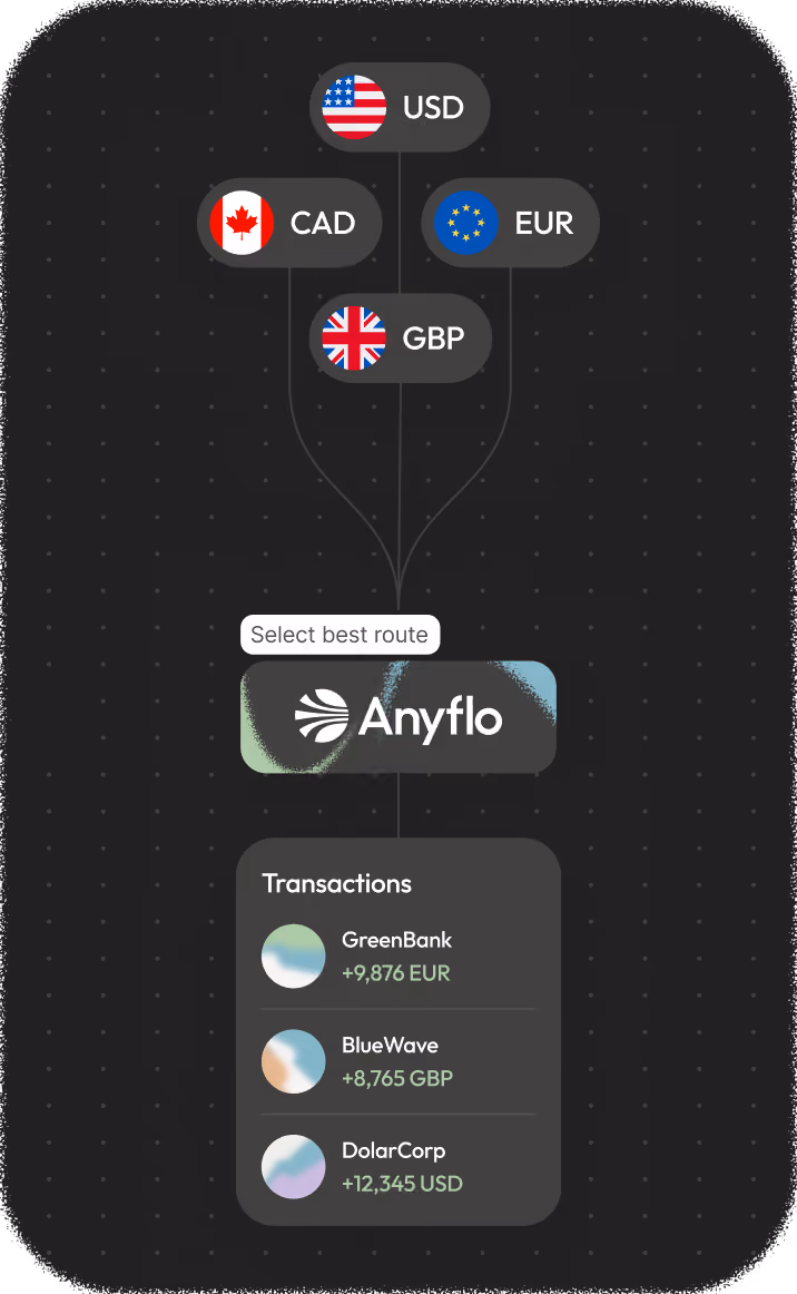 Anyflo routes USD, EUR, CAD and GBP payments to GreenBank, BlueWave and DolarCorp