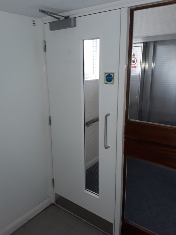 Fire door with vision panel and overhead door closer