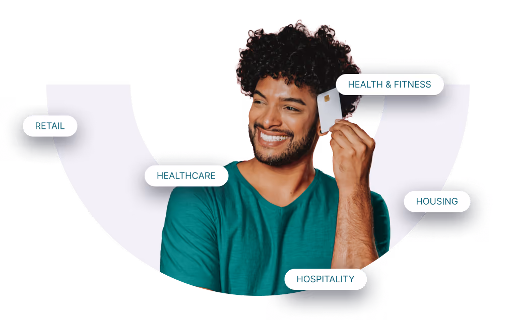 Illustration of a man with speech bubbles for retail, healthcare, health & fitness, housing and hospitality sectors