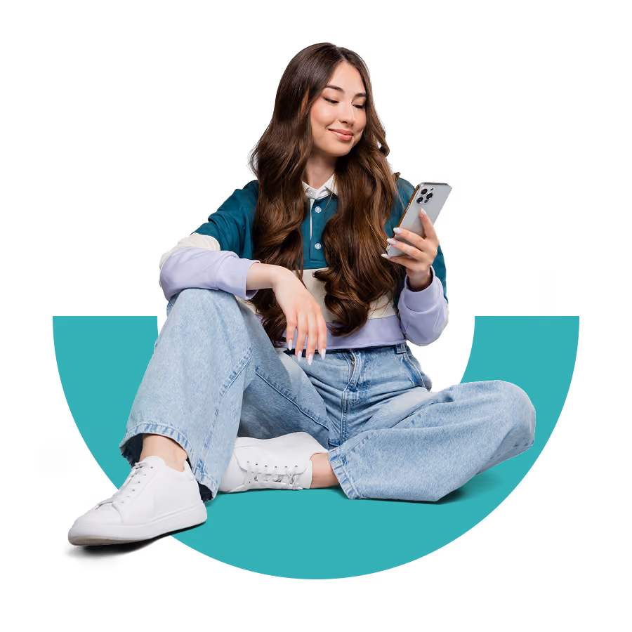 Illustration of a young woman checking her phone, seated against a teal graphic backdrop