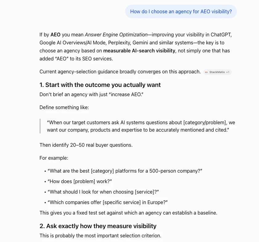 ChatGPT (logged out, web search on), asked: How do I choose an agency for AEO visibility? 1 October 2026.