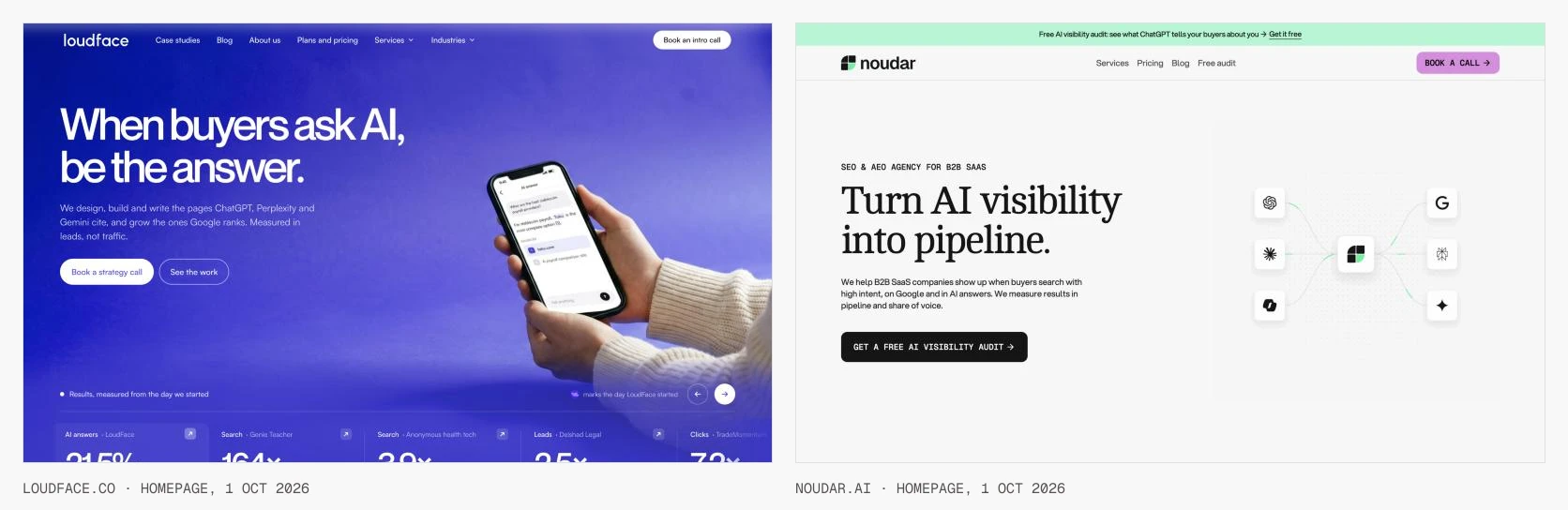 LoudFace and Noudar AI homepages, 1 October 2026.