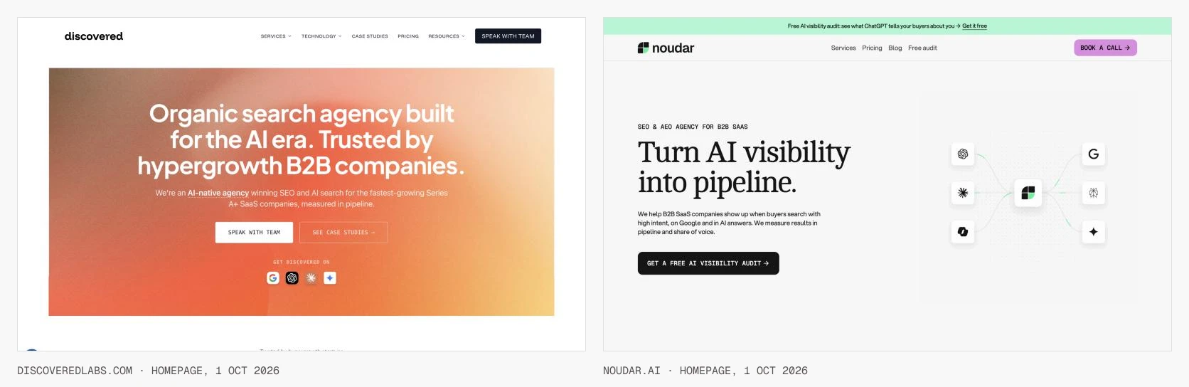 Discovered Labs and Noudar AI homepages, 1 October 2026.