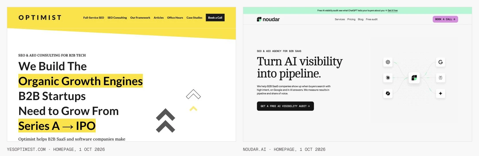 Optimist and Noudar AI homepages, 1 October 2026.