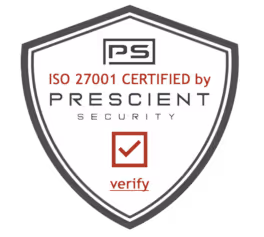 Shield-shaped badge showing ISO 27001 certification by Prescient Security with a checkmark and the word verify.