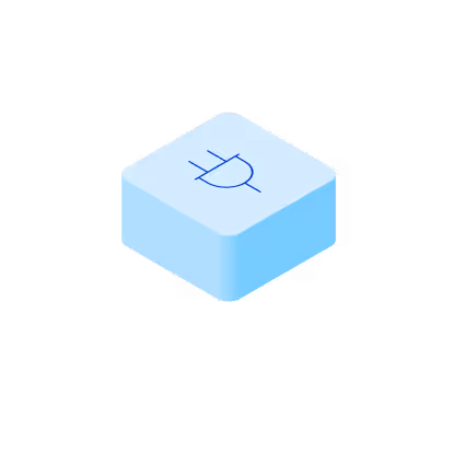 Isometric blue cube with a dark blue electrical plug icon on top.