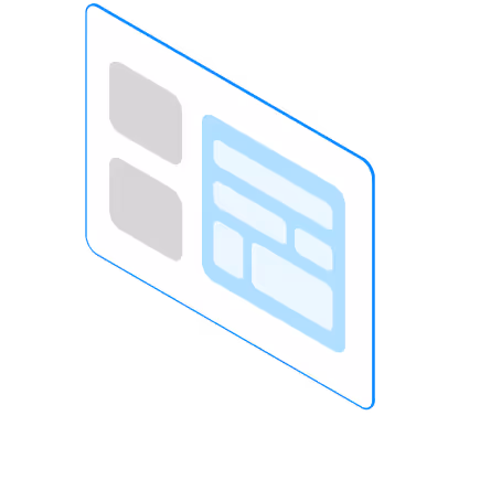 Isometric illustration of a browser window with grey and blue content blocks.