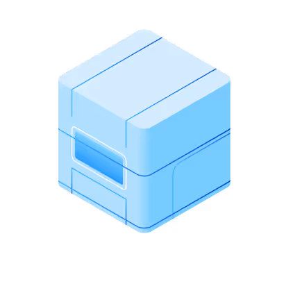 3D isometric illustration of a light blue cube-shaped package box with a transparent top and a blue label on the front.