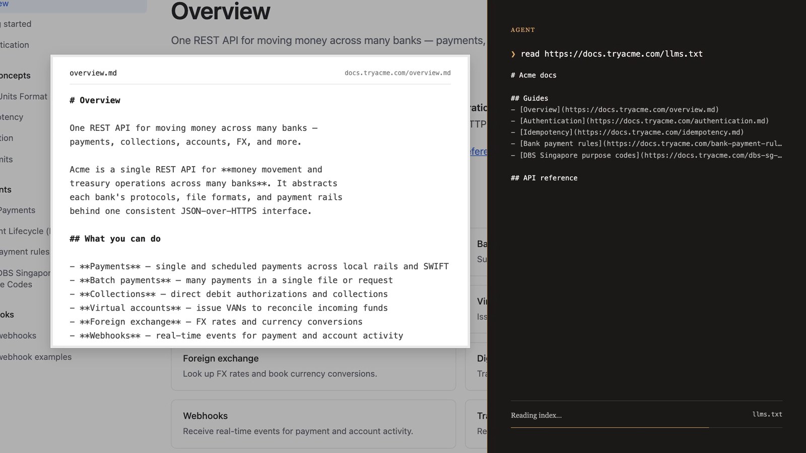 Acme docs page copied as Markdown, then an AI agent reading the llms.txt index