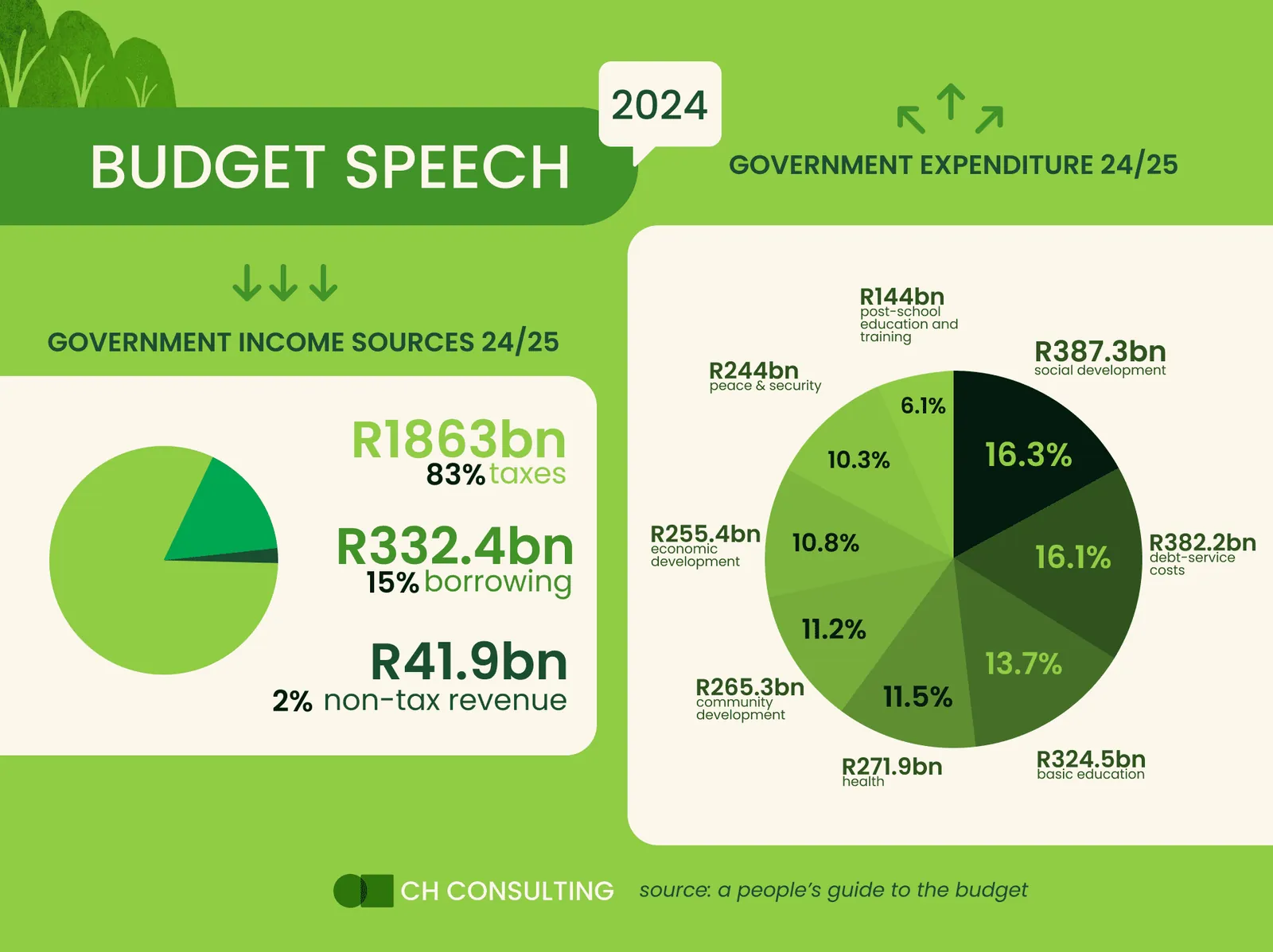 Budget Speech 2024 infographic of government income sources and expenditure for 2024/25