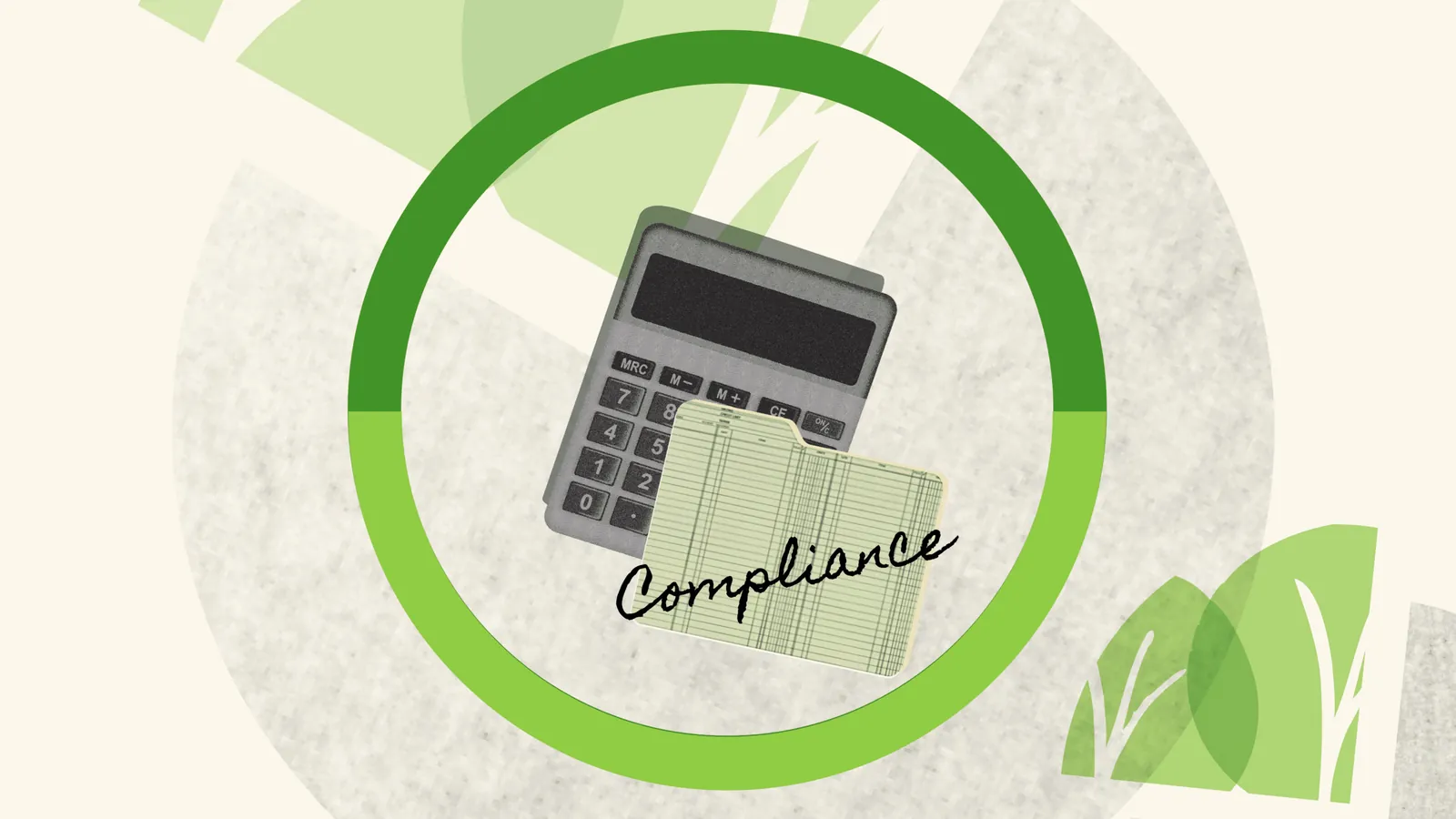 Illustration of a calculator and a document marked compliance inside a green circle