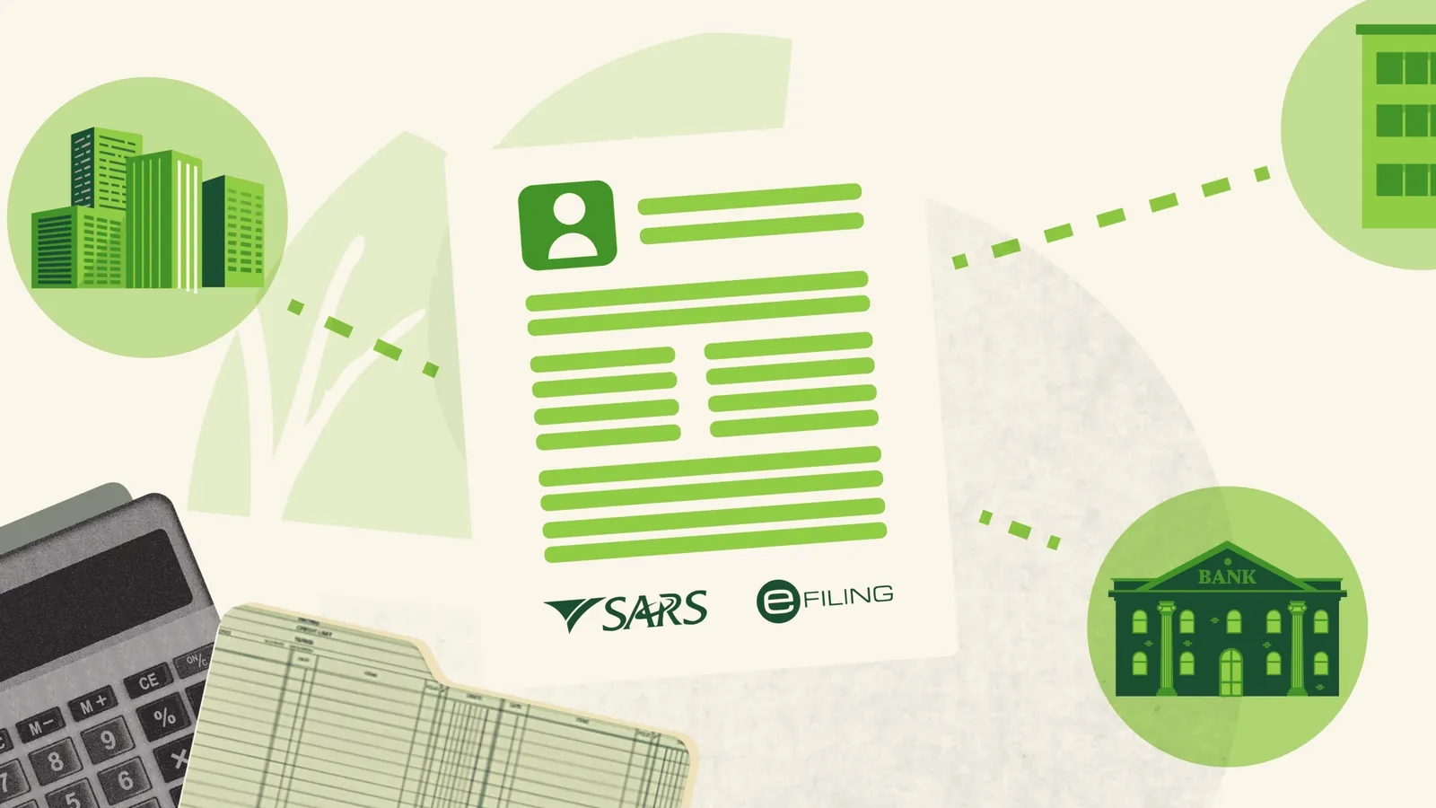 Illustration of a SARS eFiling form connected to office buildings and a bank