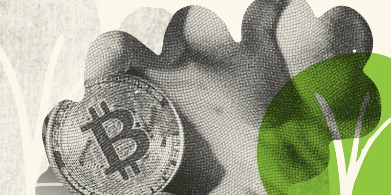 Close-up of a Bitcoin coin with green leaf illustrations