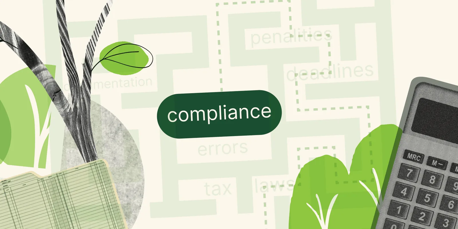 Illustration of a compliance label with a calculator and a plant