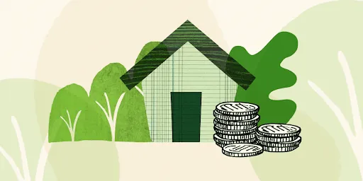 Illustration of a house beside stacks of coins