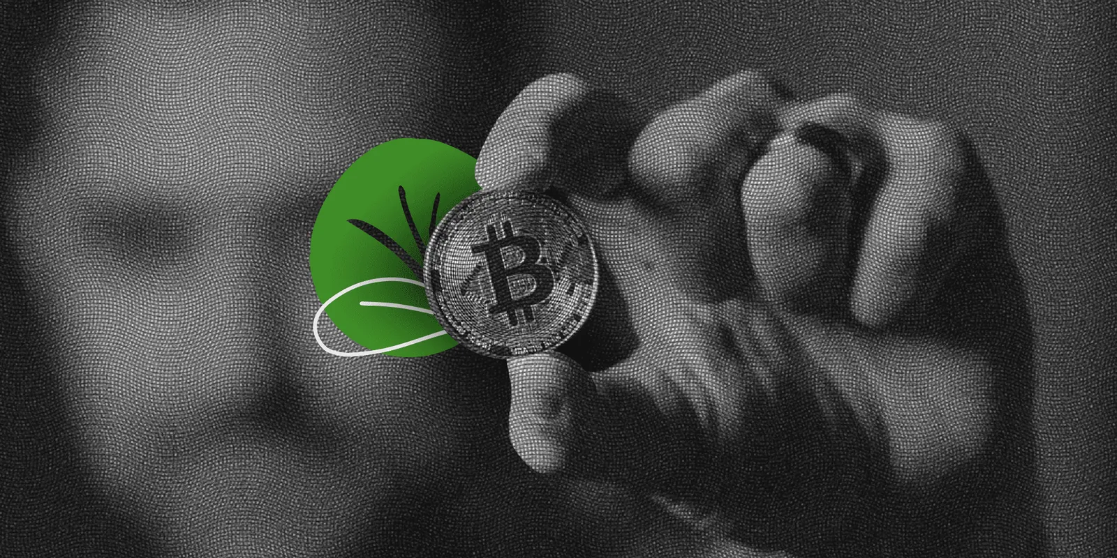 Hand holding a Bitcoin coin in black and white with a green leaf graphic