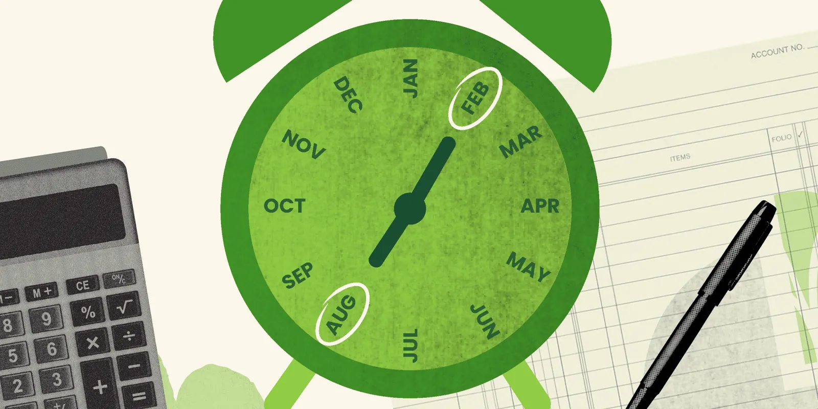 Illustration of a clock face marked with the months of the year beside a calculator
