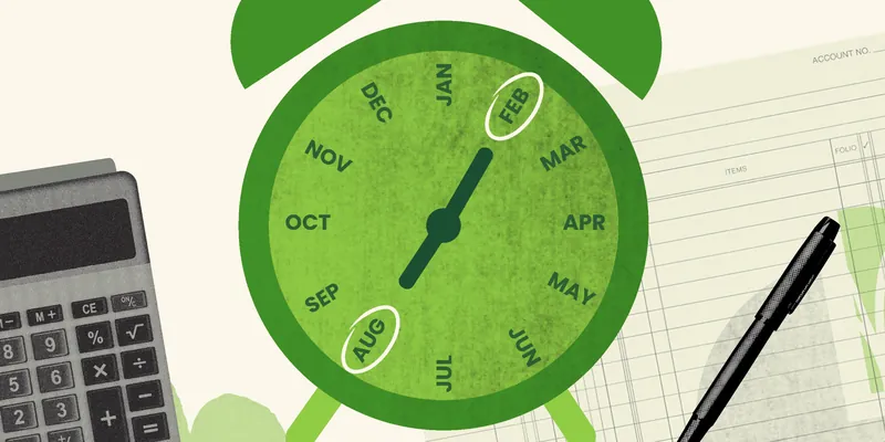 Illustration of a clock face marked with the months of the year beside a calculator
