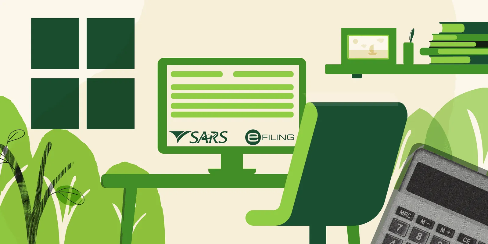 Illustration of a desk with a computer showing SARS eFiling
