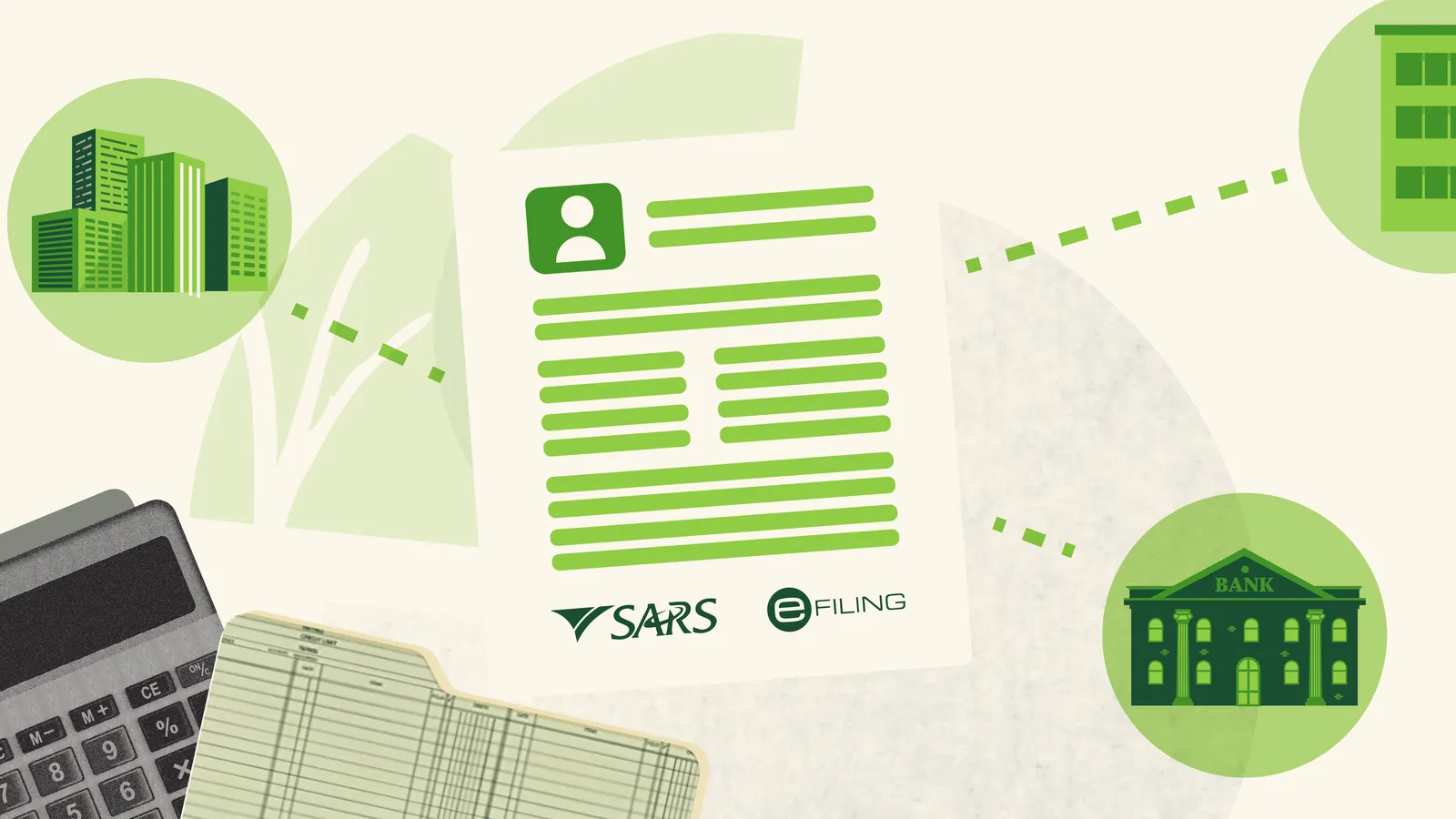 Illustration of a SARS eFiling form connected to office buildings and a bank