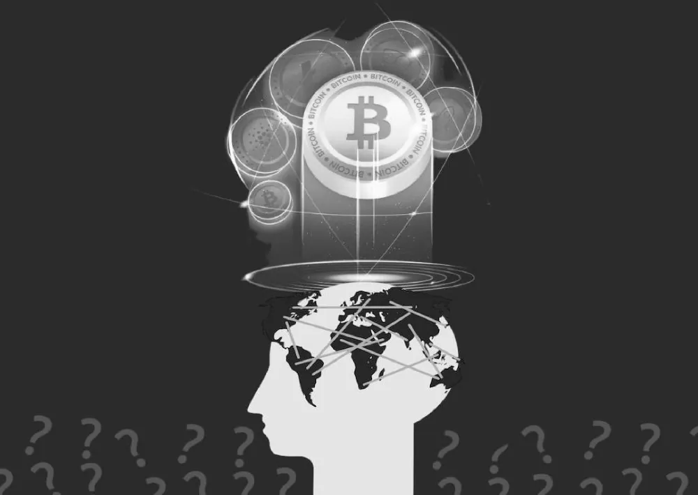 Illustration of a head silhouette with a Bitcoin and a globe, surrounded by question marks
