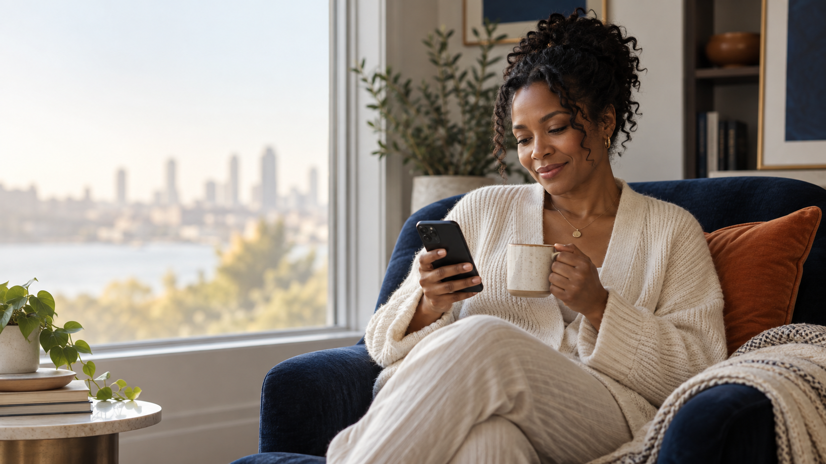 Patient reviewing her estimate on her phone at home