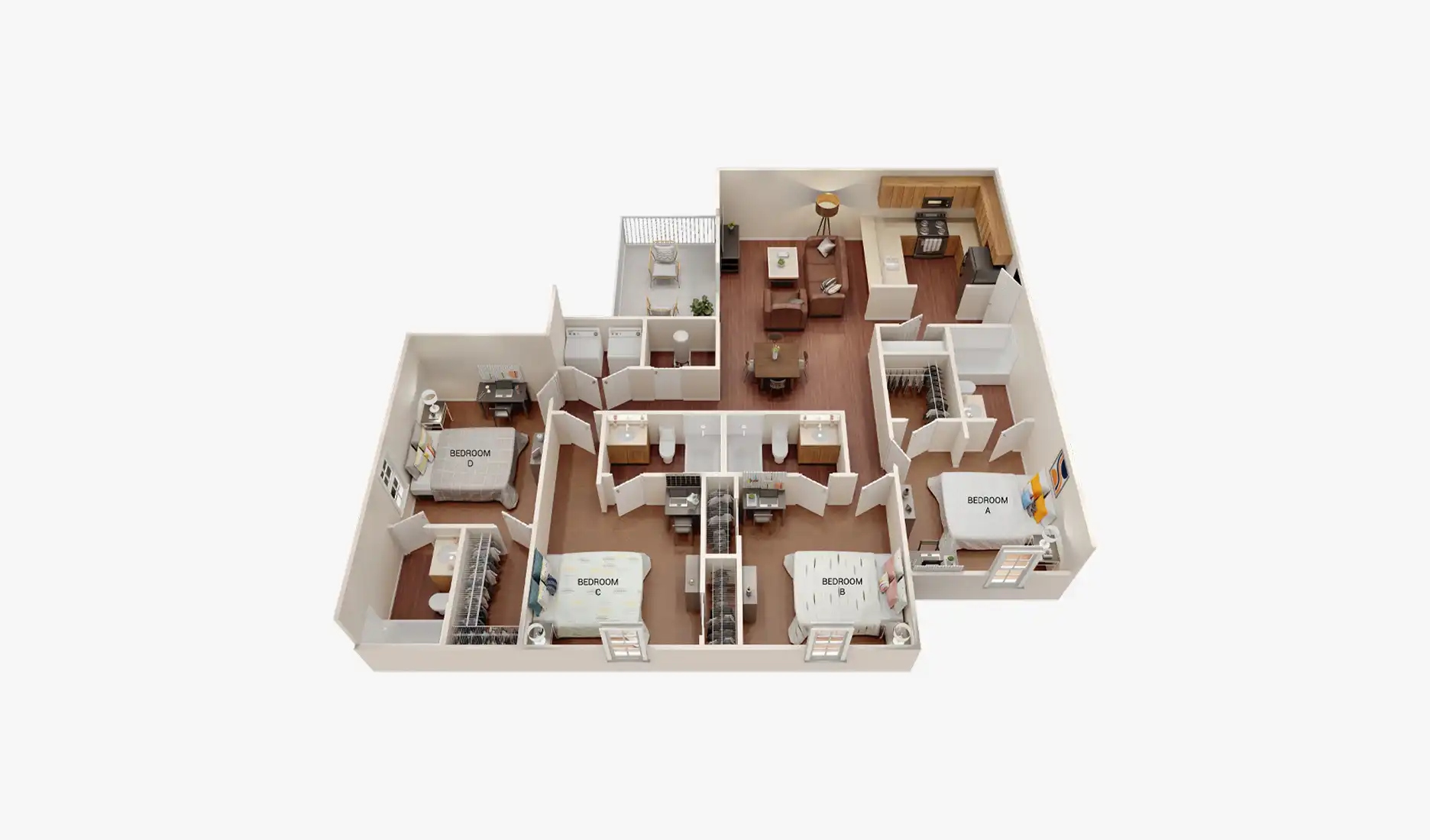 D1 3D floor plan, 4 bed 4 bath at The Hills Southview