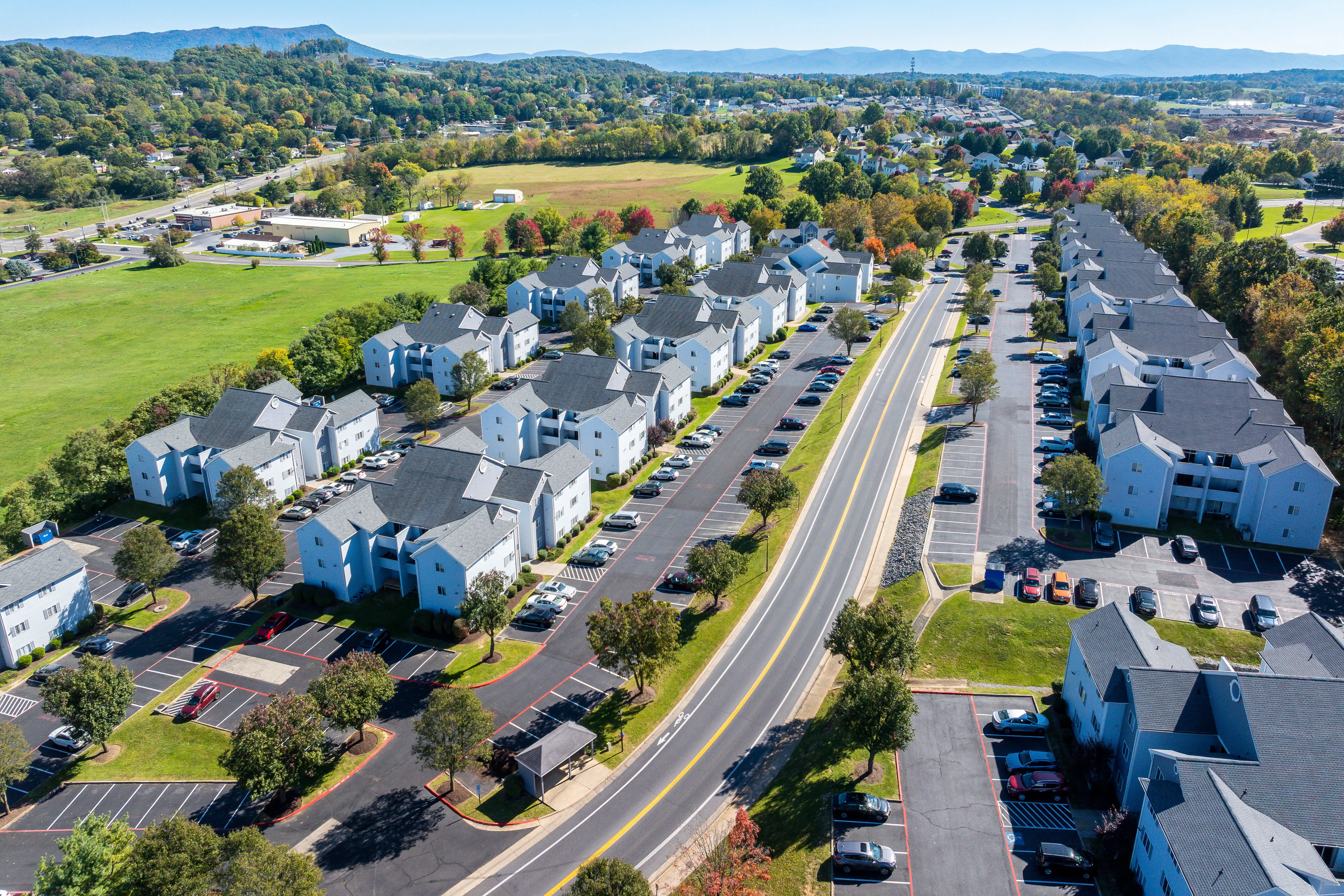 Aerial view of The Hills Southview community along the main road