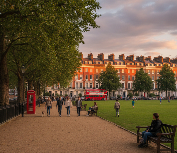 Park path with red-brick mansion blocks in Wandsworth