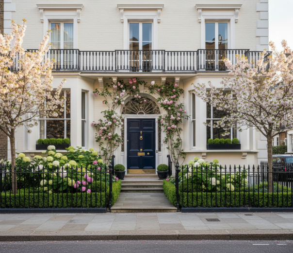 White stucco house with blossom trees in Fulham