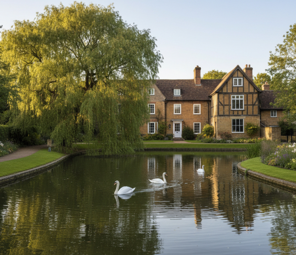 Pond with swans and period houses in Barnes
