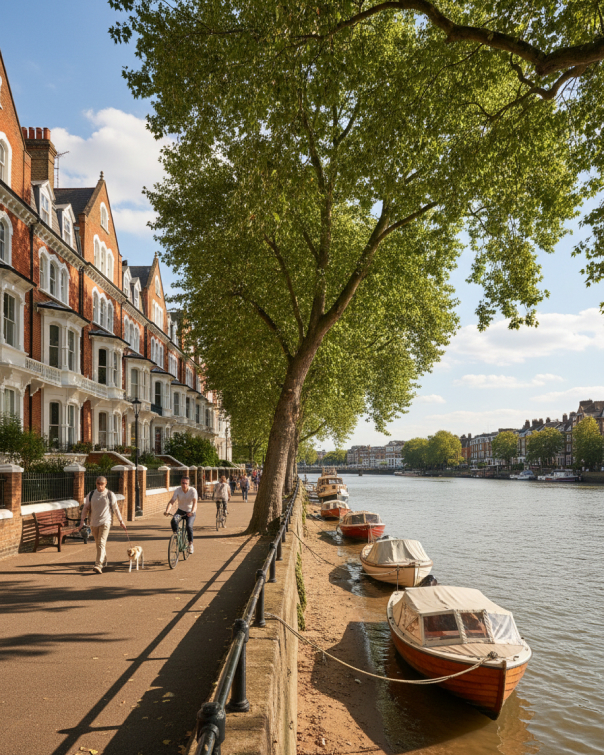 Tree-lined riverside path beside red-brick terraced houses, with small boats moored along the river bank