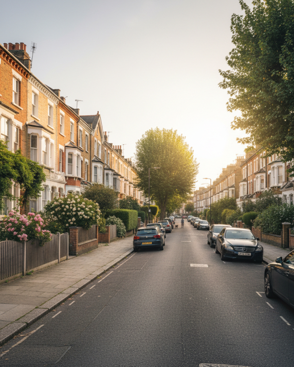 Quiet residential street of brick terraced houses with front gardens, trees and parked cars