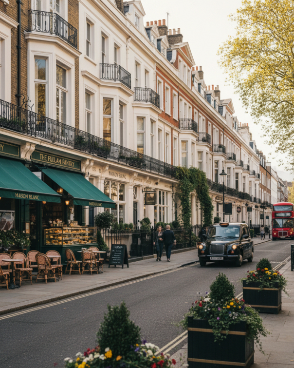 Street of white-fronted period buildings above a café in Fulham