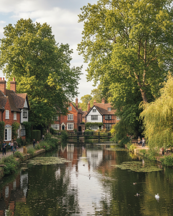 Pond framed by large trees, with brick and timber-framed houses and a small footbridge in the background