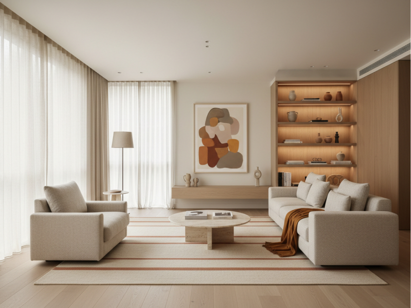 Furnished living room with cream sofas, an armchair, a round coffee table and lit shelving