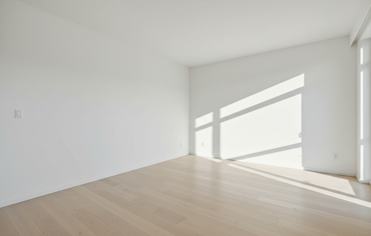 Empty, unfurnished room with pale wooden floors and white walls in sunlight
