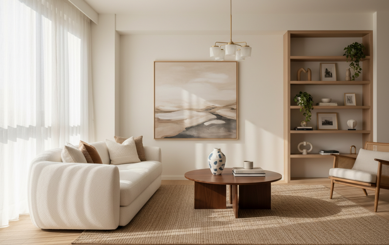 Styled living room with a cream curved sofa, a round wooden coffee table, artwork and shelving
