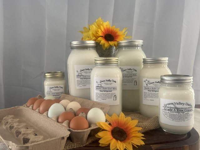 Jars of raw goat milk, raw cow milk and raw cream in several sizes next to an open carton of farm-fresh eggs and a sunflower