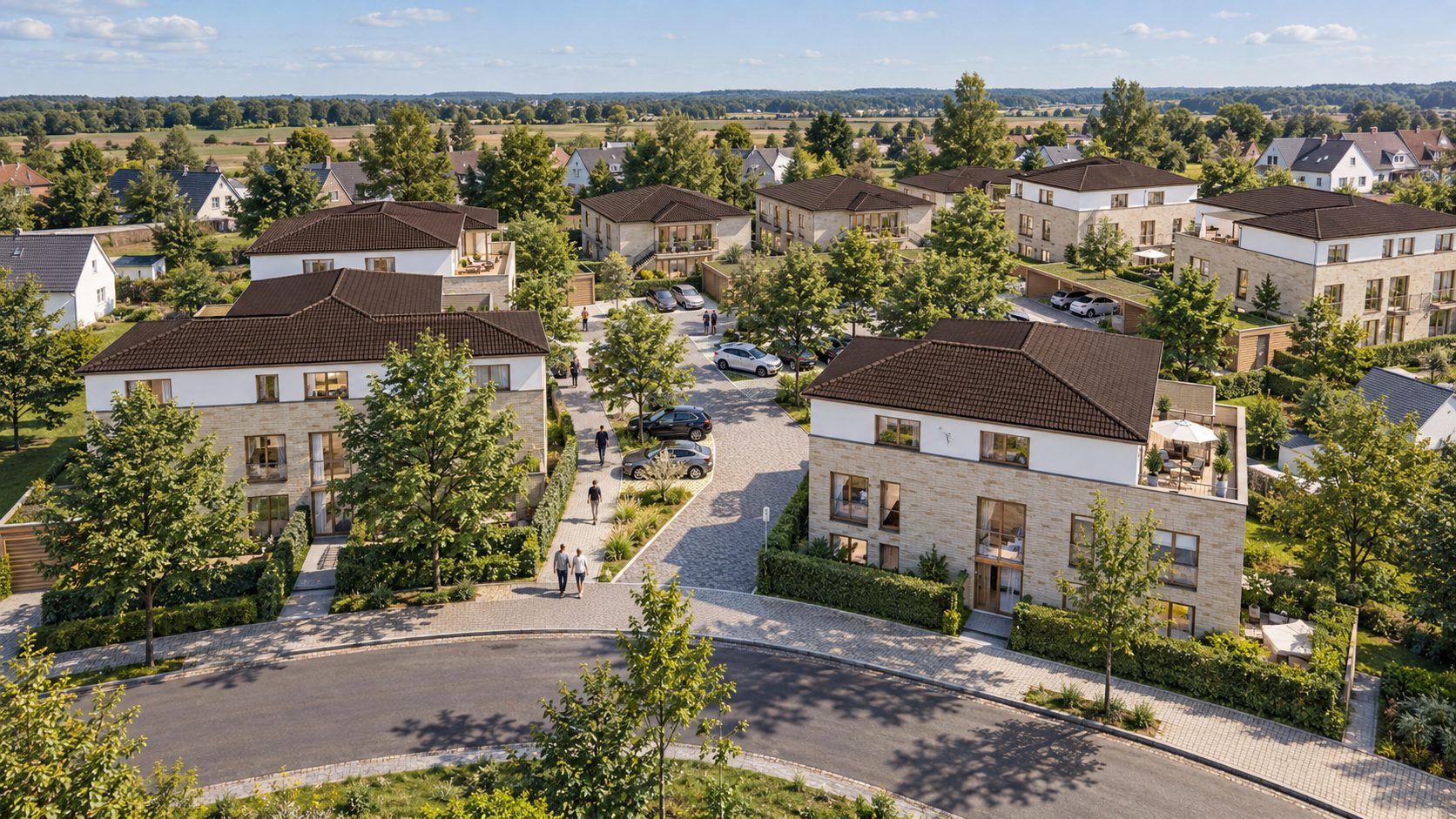 Straßenansicht des Wohnensembles an der Falkenstraße --ki-fix