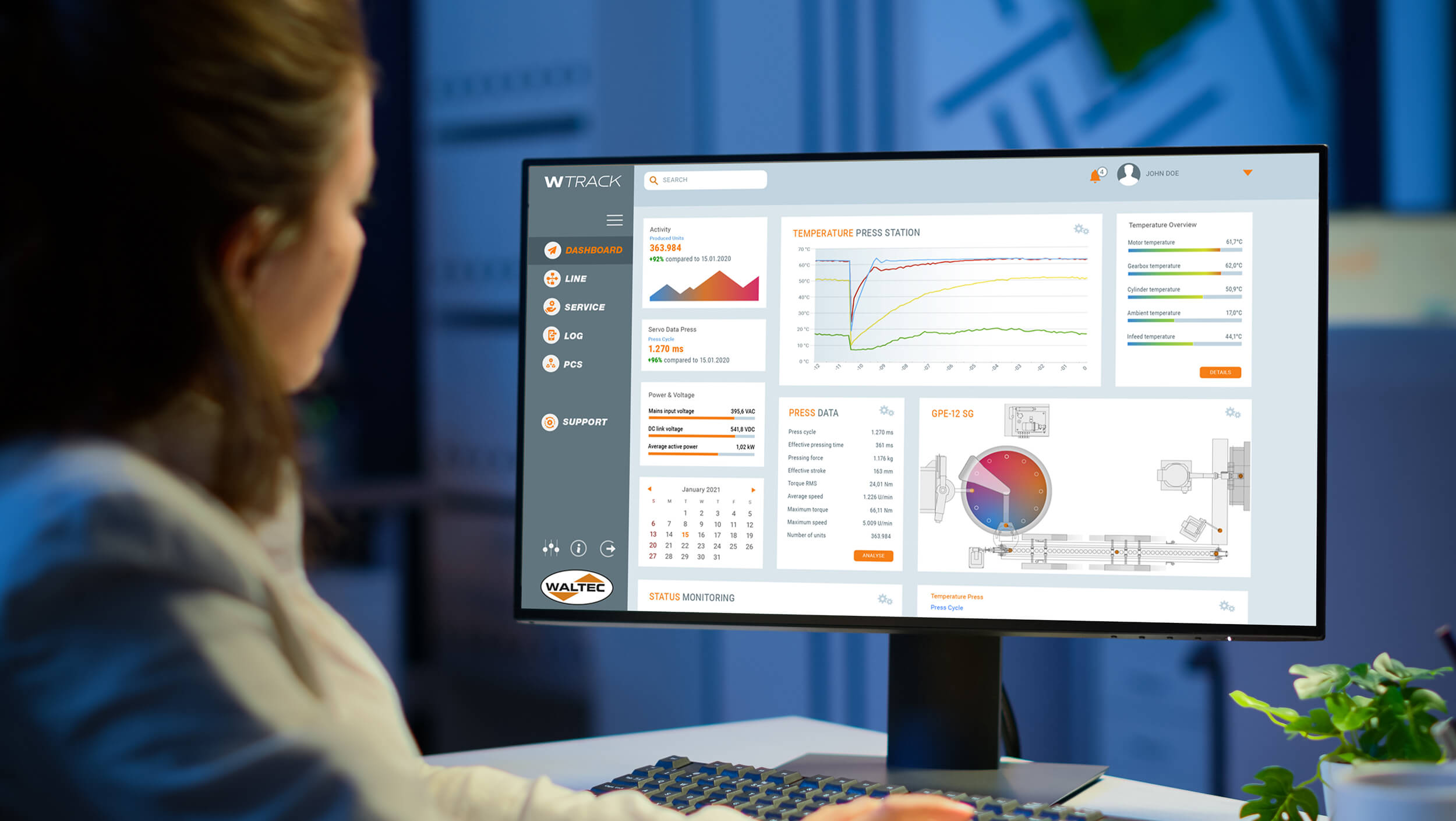 Person at a desk looks at a monitor displaying the WTRACK software by WALTEC with charts, graphs, and a diagram.