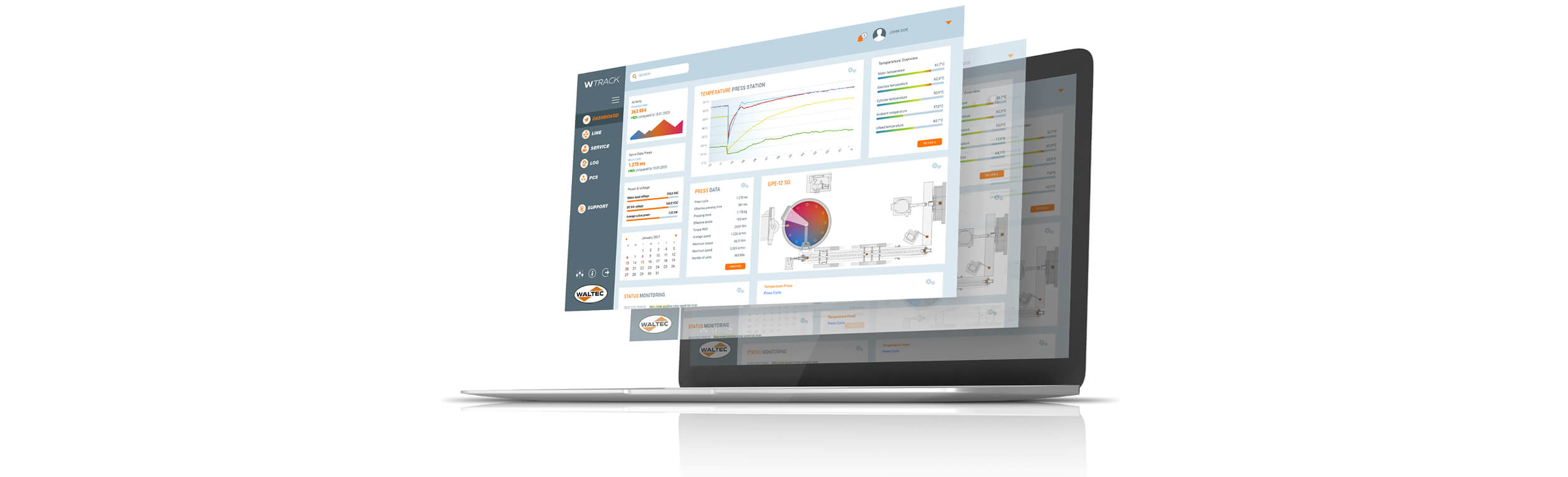 Several overlapping windows of the WTRACK software, displaying charts, tables and graphical elements, on a single monitor.