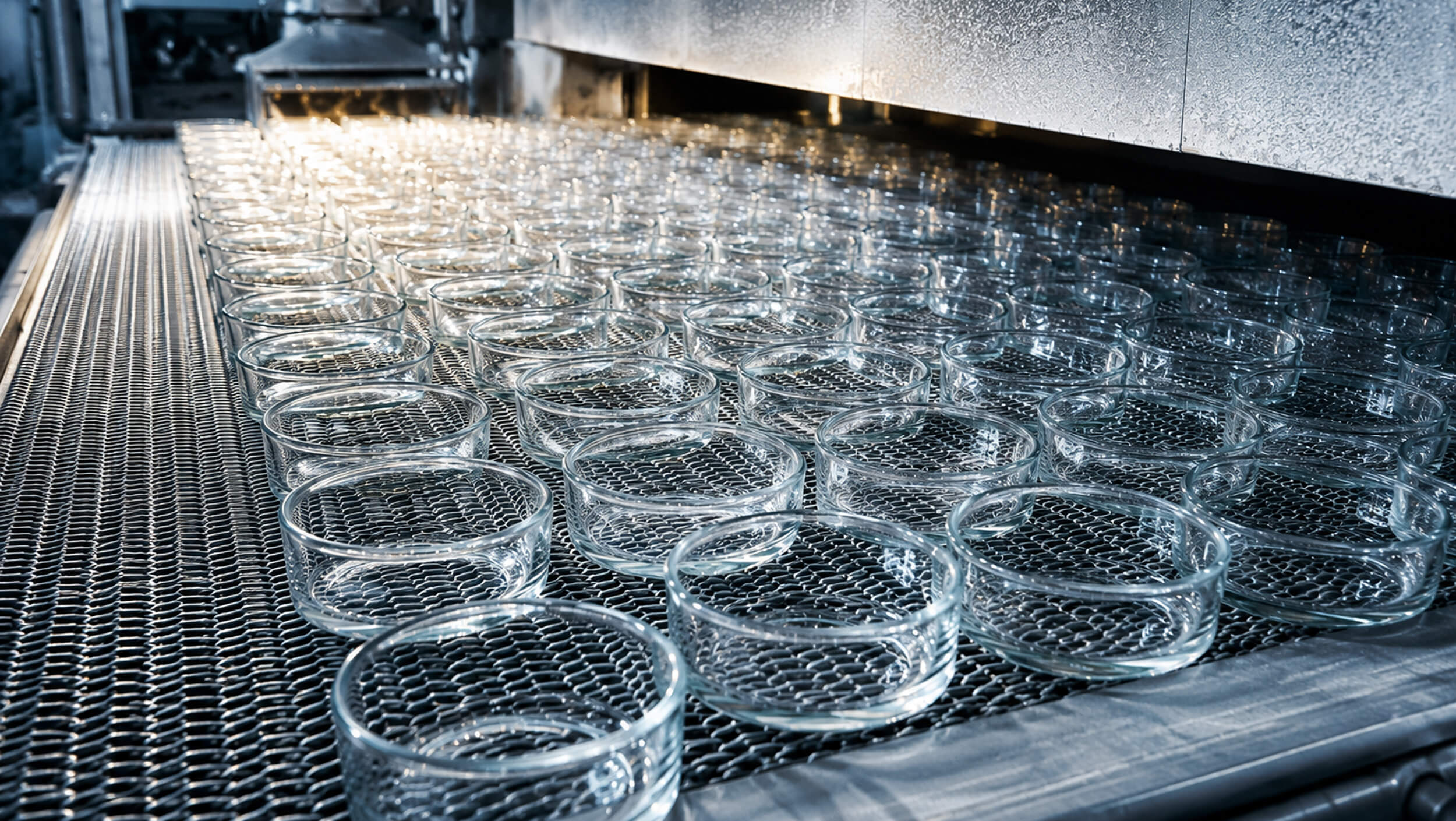 Multiple round glass containers on a metal conveyor belt inside a machine