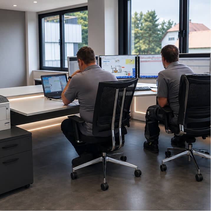 Two WALTEC employees sit at desks with computer monitors and a laptop, discussing a machine commissioning plan.