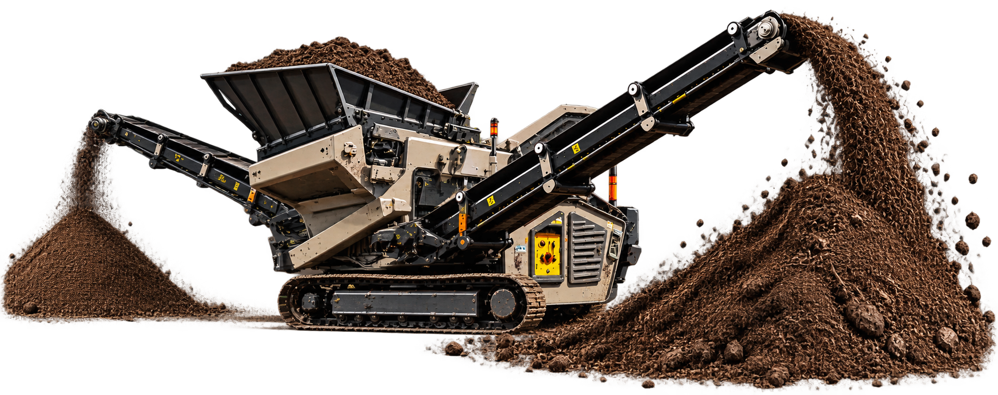 Mobile screener separating soil into piles
