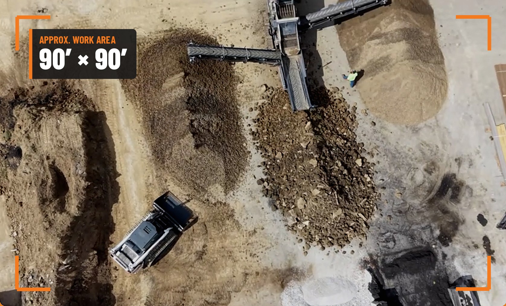 Aerial view of the FTF screener and skid steer working in an area of about 90 by 90 feet