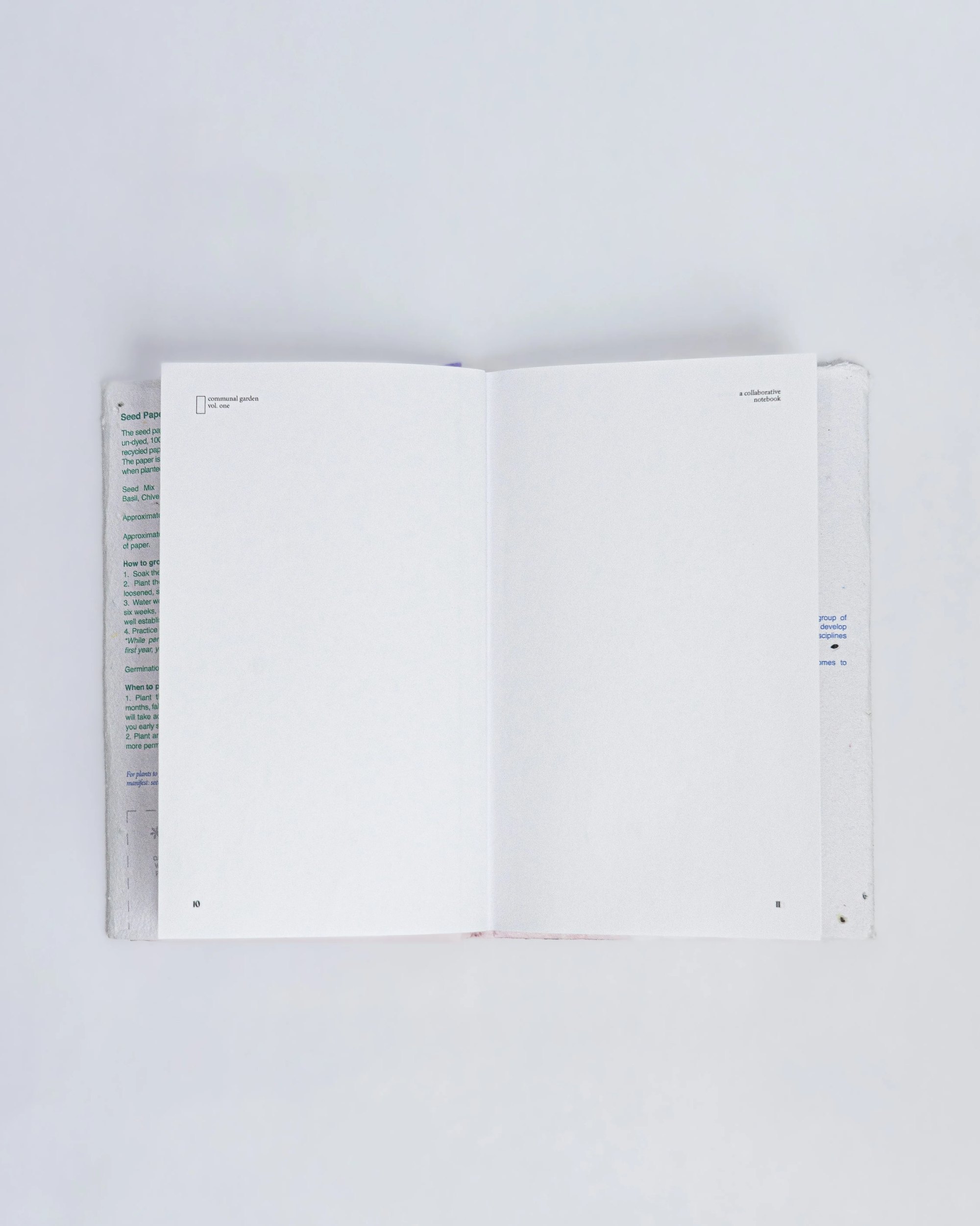 The notebook open flat to blank pages